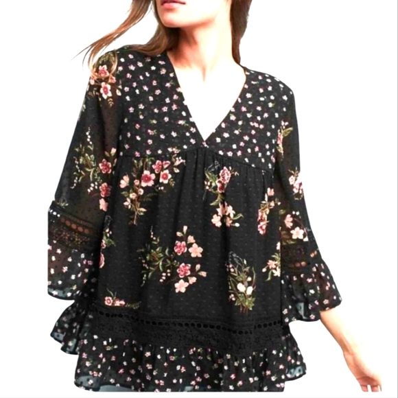 Maeve Tops - Anthropologie Maeve Steffy Floral Bohemian Babydoll Black Ruffled Blouse size S